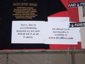 [The sign on the merchandise stand -- all the T-shirts had sold out]